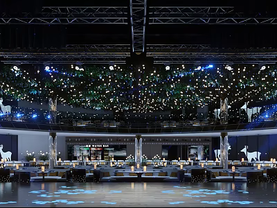 Elegant Restaurant Interior With Decorative Lights Green Plants White Animal Sculptures And Blue Floor Lighting 3d model