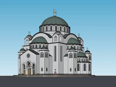 Historic Ancient Architecture with White Exterior Green Domes Spires and Arched Doors 3d model