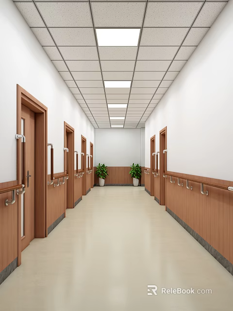 Elevator Hallway With Wooden Doors Handrails Green Plants Recessed Lights White Walls And Light Floor 3d model 