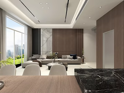 Modern Elegant Open Plan Living And Dining Room With Wooden Accent Walls And Panoramic View 3d model