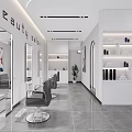 Spacious Beauty Salon Interior Design With White Styling Chairs Shelves And Mirrors