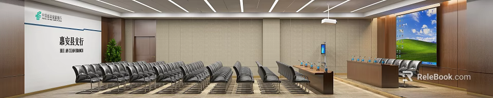 Modern Conference Room With Gray Seats Long Table Light Colored Walls And Ceiling Light Strips 3d model 