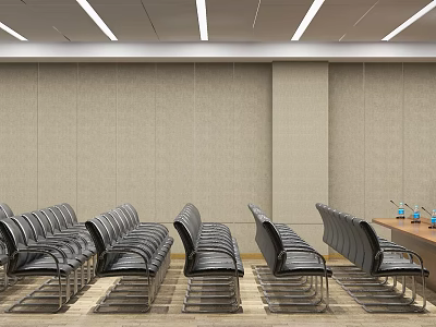 Modern Conference Room With Gray Seats Long Table Light Colored Walls And Ceiling Light Strips 3d model