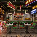Neon Lit Hot Pot Restaurant Interior With Retro Decor And Colorful Chairs