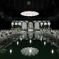 Luxurious Banquet Hall With Crystal Chandelier Reflective Floor Dining Tables Chairs And Flower Decorations