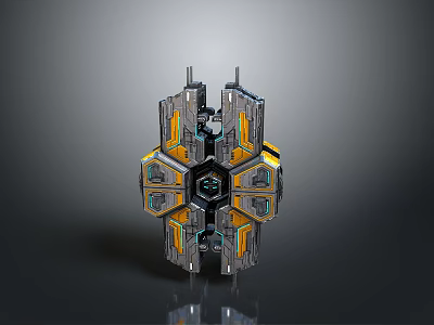 Futuristic Mechanical Structure With Gray Yellow Blue Metallic Components And Hexagonal Geometric Design 3d model