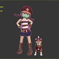 Girl With Red Cap Pigtails Striped Top Shorts Boots Standing With Dog In Red Collar