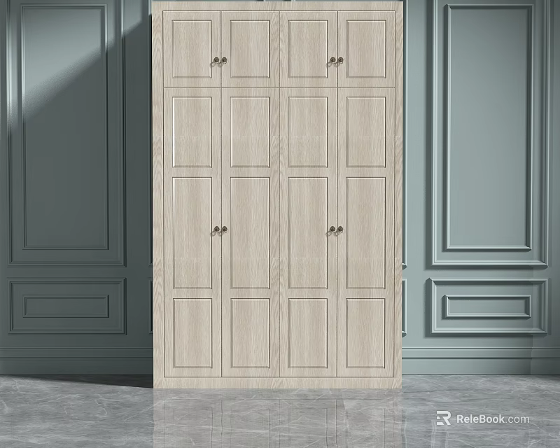 Wooden Wardrobe With Paneled Doors Against Gray Walls And Marble Floor 3d model 
