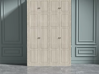 Wooden Wardrobe With Paneled Doors Against Gray Walls And Marble Floor 3d model