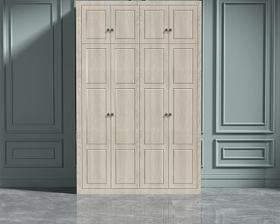 Wooden Wardrobe With Paneled Doors Against Gray Walls And Marble Floor 3d model