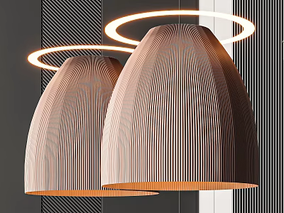Wooden Textured Dome Shaped Chandeliers With Circular LED Lights In Modern Interior Design 3d model