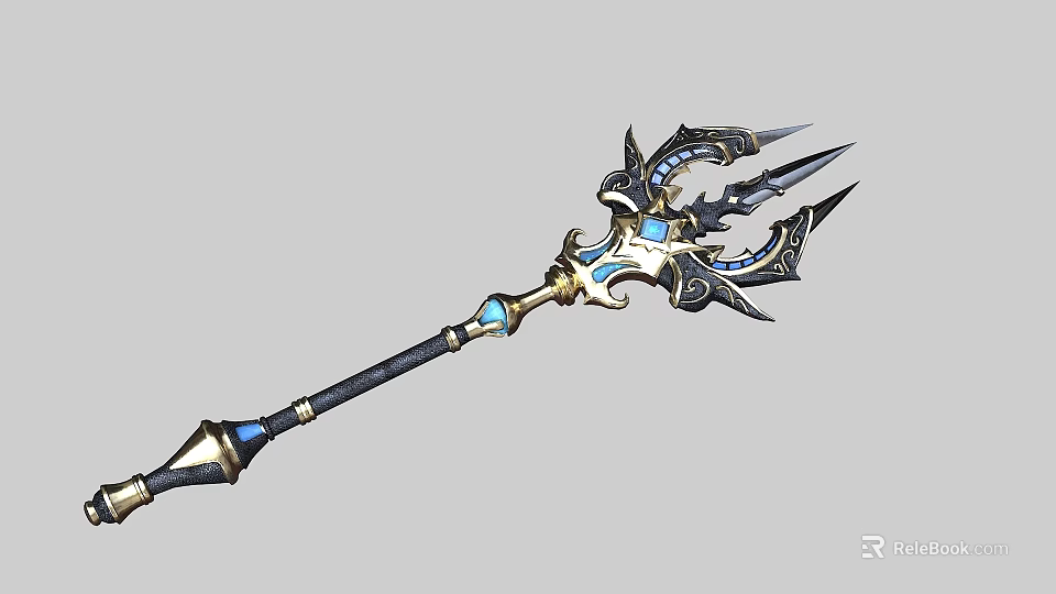 Ornate Fantasy Weapon With Long Black Handle Golden Accents And Blue Gemstone Details 3d model 
