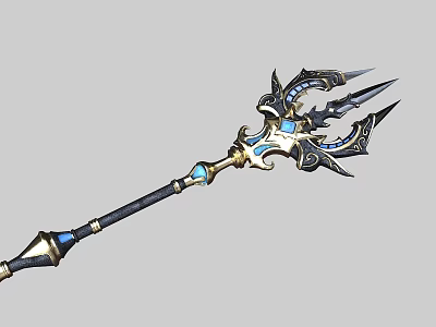 Ornate Fantasy Weapon With Long Black Handle Golden Accents And Blue Gemstone Details 3d model