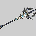 Ornate Fantasy Weapon With Long Black Handle Golden Accents And Blue Gemstone Details