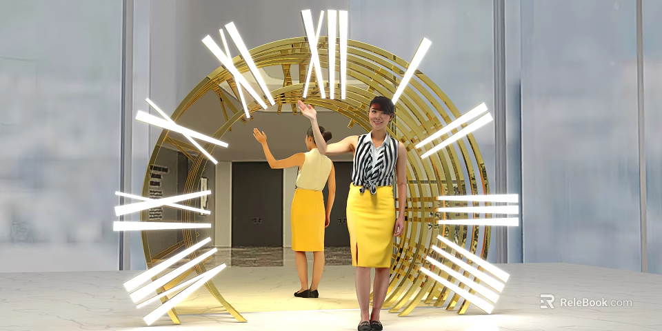 Giant Clock Art Installation With Illuminated Roman Numerals And People Interacting 3d model 
