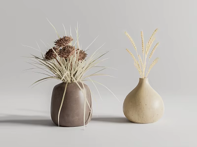 Brown Round Shaped And Beige Gourd Shaped Vases With Dried Flowers Wheat Stems And Grasses 3d model