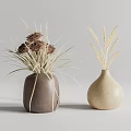 Brown Round Shaped And Beige Gourd Shaped Vases With Dried Flowers Wheat Stems And Grasses