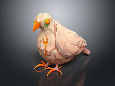 3D Bird Character Artistic Design With Pale Pink Body Cracked Texture Green Eyes And Orange Beak Claws 3d model