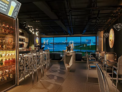 Modern Bar Interior With Large Windows Scenic View Bar Stools And Liquor Racks 3d model