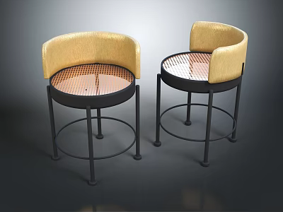Modern Bar Stools With Yellow Backrests And Grid Patterned Seats On Black Metal Frames 3d model