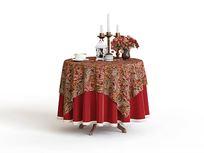 Round Dining Table Adorned With Red Floral Tablecloth Decorative Candle Holder And Fresh Flower Vase 3d model