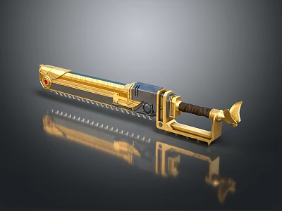 Golden Serrated Sword With Modern Metallic Design And Brown Leather Handle 3d model