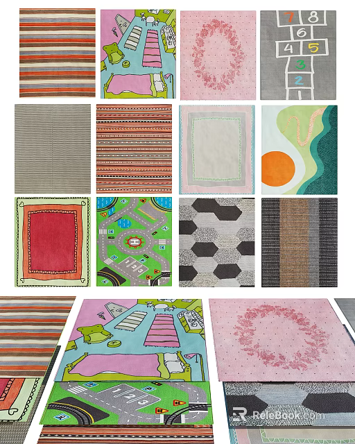 Modern Stylish Square Rugs With Various Colorful Patterns And Decorative Designs 3d model