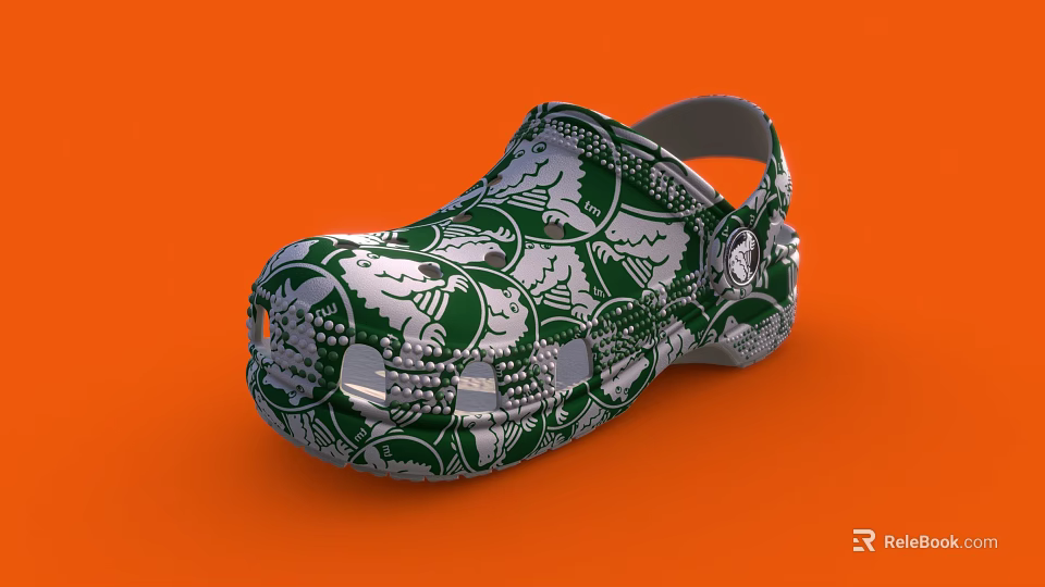 Green And Silver Patterned Clogs With Stylish Decorative Details For Everyday Wear 3d model