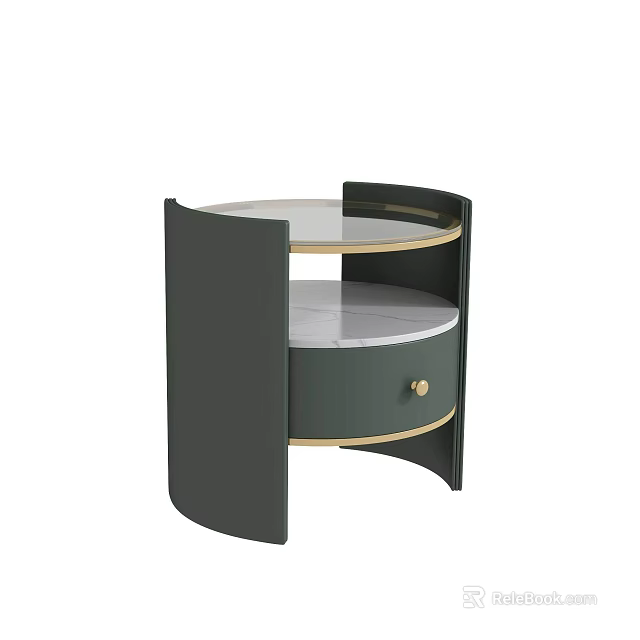 Modern Elegant Side Table with Dark Green Frame Marble Top and Gold Knob Drawer 3d model 