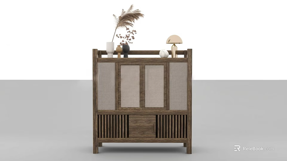Entryway Side Cabinet Wooden Modern Design With Storage Doors And Decorative Top Items 3d model 