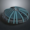 Futuristic Circular Structure With Blue Stripes And Central Top Design Details