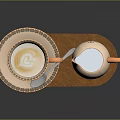 Beige Ceramic Coffee Cup Milk Jug And Spoon With Floral Pattern On Wooden Tray