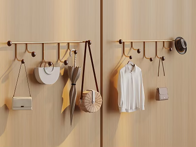 Modern Elegant Coat Rack On Wooden Wall With Bags Clothes Hat And Umbrella 3d model