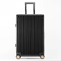 Black Vertical Striped Luggage With Gold Metal Hardware And Telescopic Handle