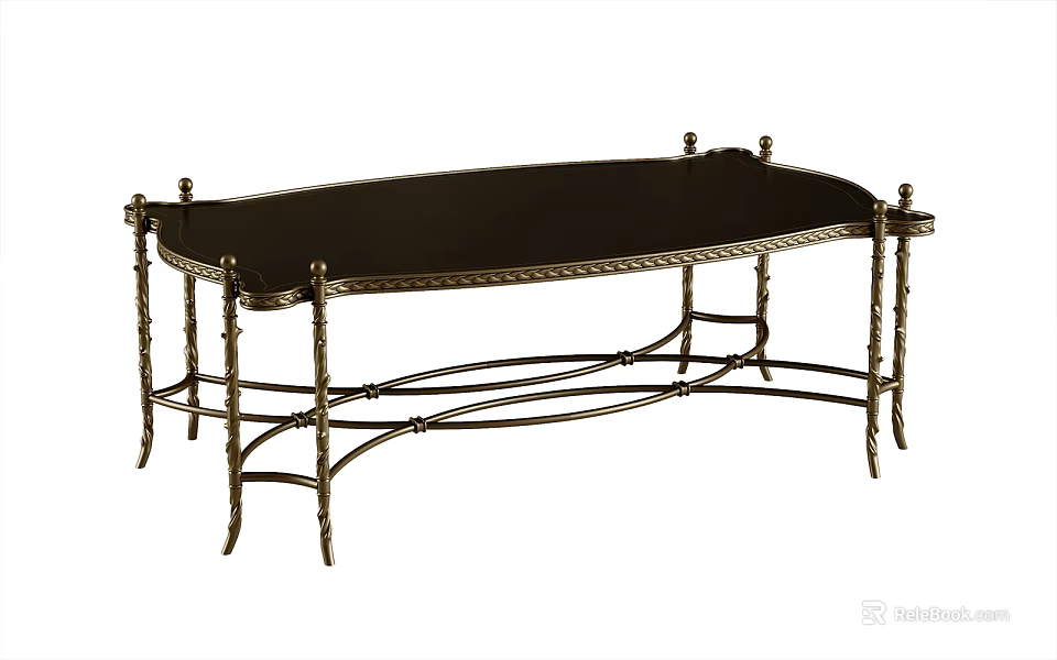 Elegant Vintage Coffee Table With Dark Wooden Top And Ornate Curved Metal Legs 3d model 
