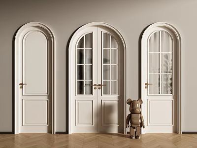 Elegant White Arched Hinged Doors With Glass Panes And Brass Handles In Modern Interior 3d model