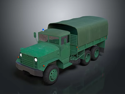 Green Military Truck With Canvas Cover Multiple Wheels And Blue Warning Light 3d model