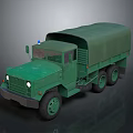 Green Military Truck With Canvas Cover Multiple Wheels And Blue Warning Light