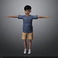 Little Boy With Arms Stretched Out Wearing Blue Patterned Shirt Yellow Shorts And White Sneakers