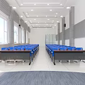 School Modern Auditorium With Blue Chairs Large Digital Screen And Bright Windows