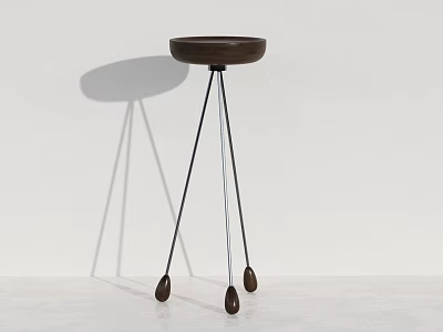 Brown Round Top Flower Stand With Three Black Slender Legs And Round Foot Pads 3d model