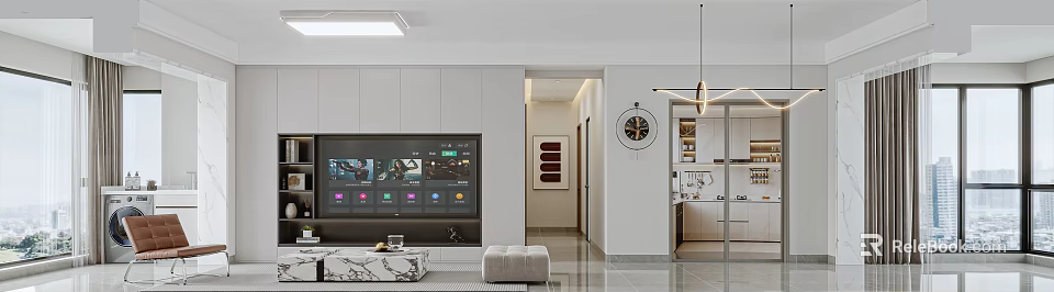 Modern Bright Open Plan Living And Dining Room With Smart TV And Stylish Interior Design 3d model 