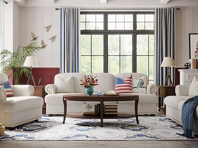 Bright Modern Living Room Interior With White Sofa Coffee Table Blue Striped Curtains And Area Rug 3d model