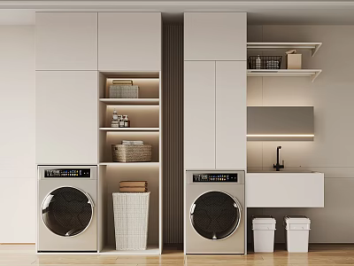 Modern White Bathroom Cabinet and Shelves with Storage Baskets and Washer Dryer Units 3d model