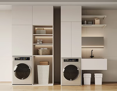Modern White Bathroom Cabinet and Shelves with Storage Baskets and Washer Dryer Units 3d model