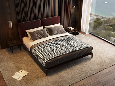 Modern Double Bed with Dark Headboard Pillows Checkered Bedspread Nightstands Table Lamps and Sea View 3d model