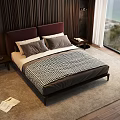 Modern Double Bed with Dark Headboard Pillows Checkered Bedspread Nightstands Table Lamps and Sea View