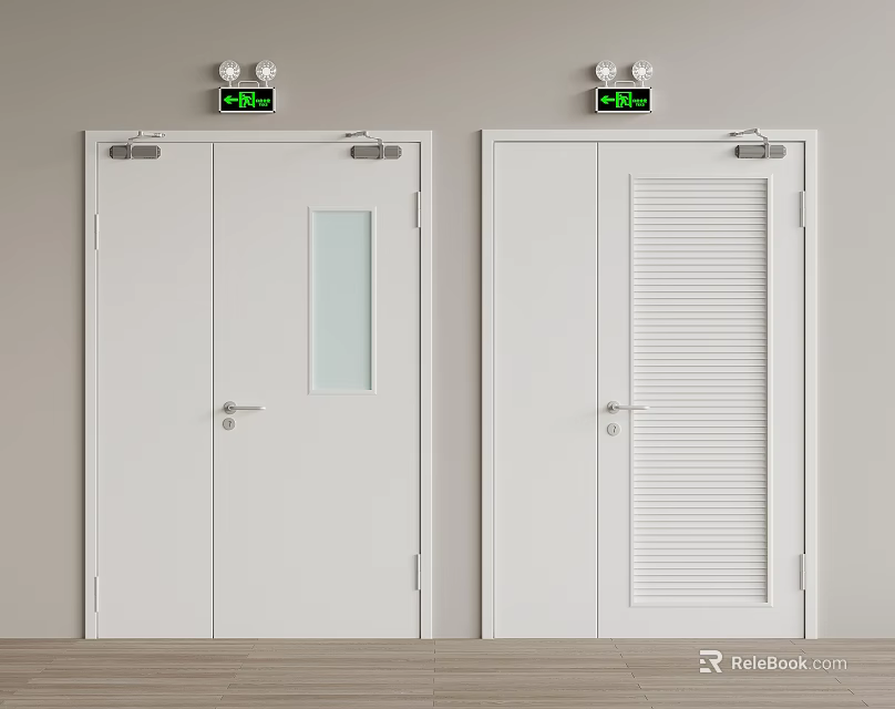 White Interior Doors With Glass Panel And Louvered Design Plus Green Indicators And Fixtures 3d model 