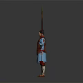 Ancient Chinese Soldier Wearing Traditional Armor With Blue Robe And Red Spear