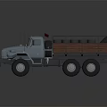 Military Transport Truck With Gray Exterior Open Bed And Metal Drums Loaded